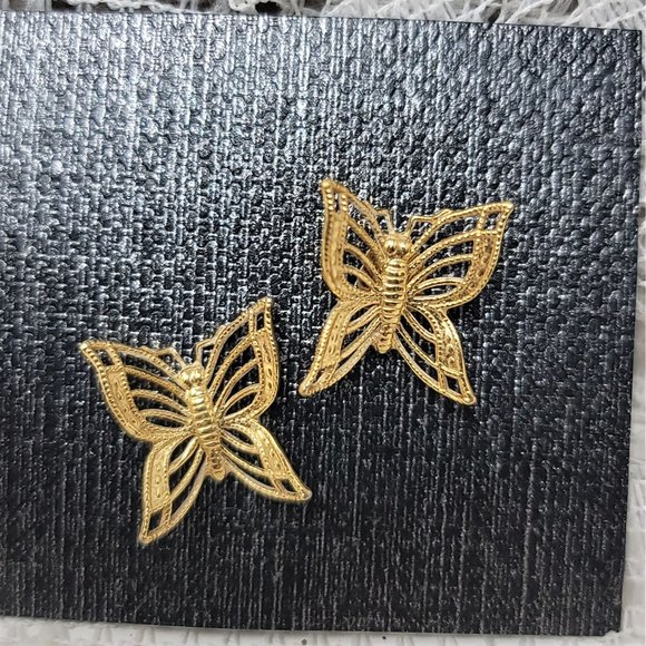 Golden Butterfly Pierced Earrings Delicate Cut Out Wings - Picture 1 of 4
